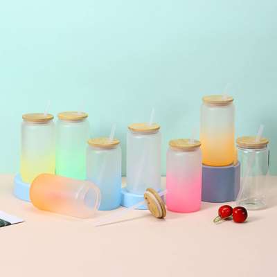 新款高颜值16oz玻璃杯渐变彩色热升华吸管杯户外便携式简约随手杯