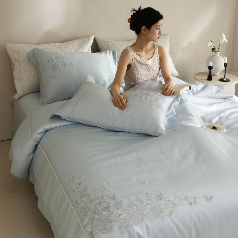 100支LF兰精天丝刺绣四件套夏季丝滑莱赛尔纤维公主风纯色套件