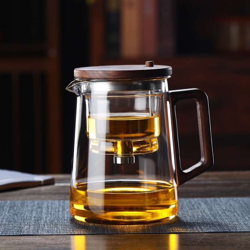 玻璃飘逸杯一键出水胡桃木把泡茶壶全玻璃内胆茶水分离过滤泡茶杯