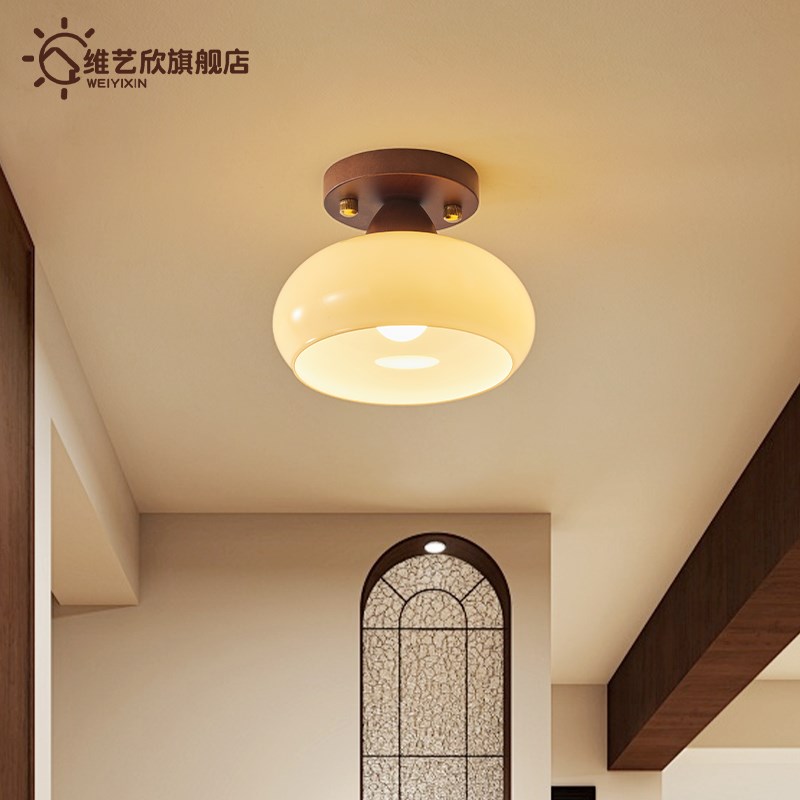中古风走廊灯过道灯法式复古侘寂风入户玄关阳台灯胡W桃木色吸顶