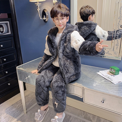 儿童睡衣冬季加厚男童法兰绒三层C夹棉加绒珊瑚绒保暖法兰绒家居