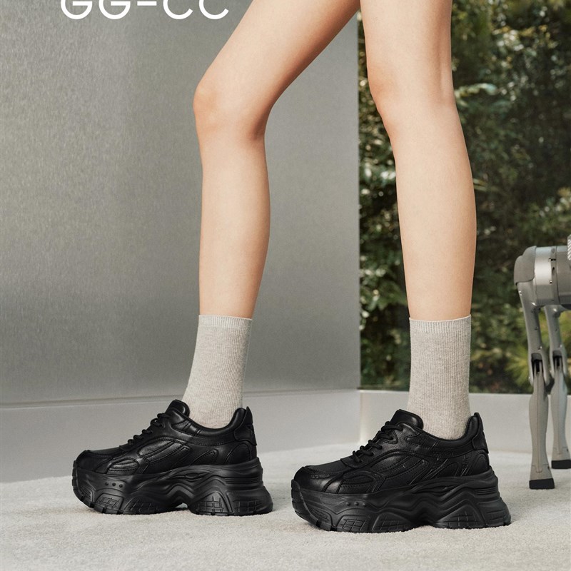 Ggcc底厚底增高真皮女式老爸鞋202F5秋季新款黑色经典运动休闲鞋
