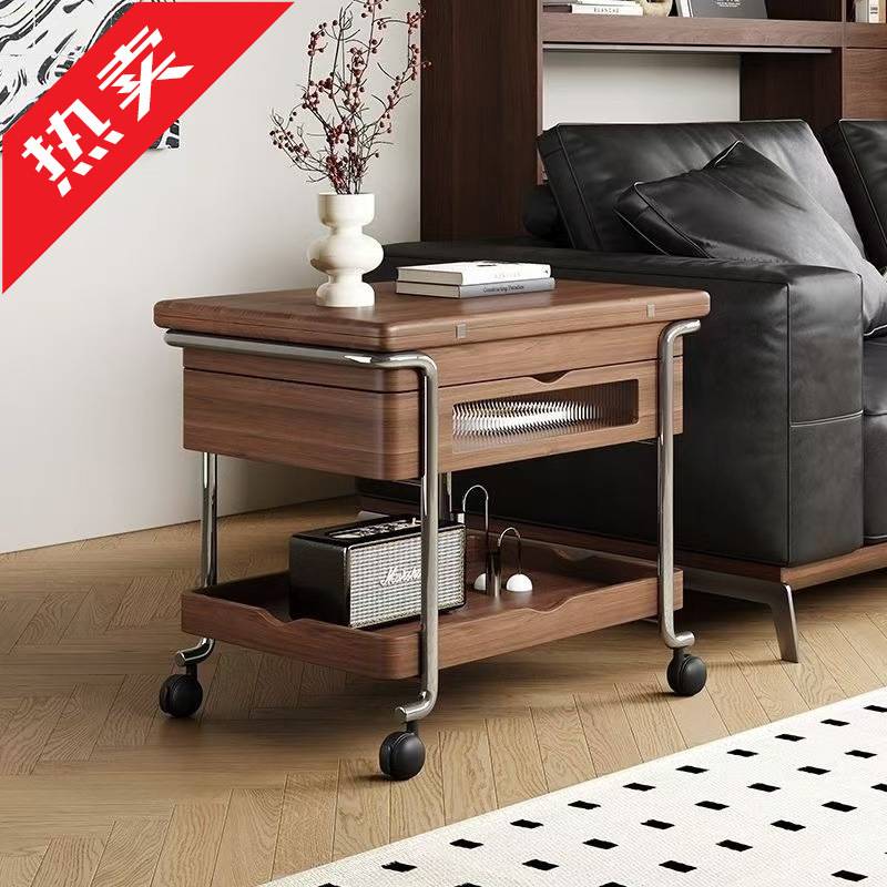 焦糖中古小推车客厅家用可移动折叠带轮升降可移动小推桌茶几边几