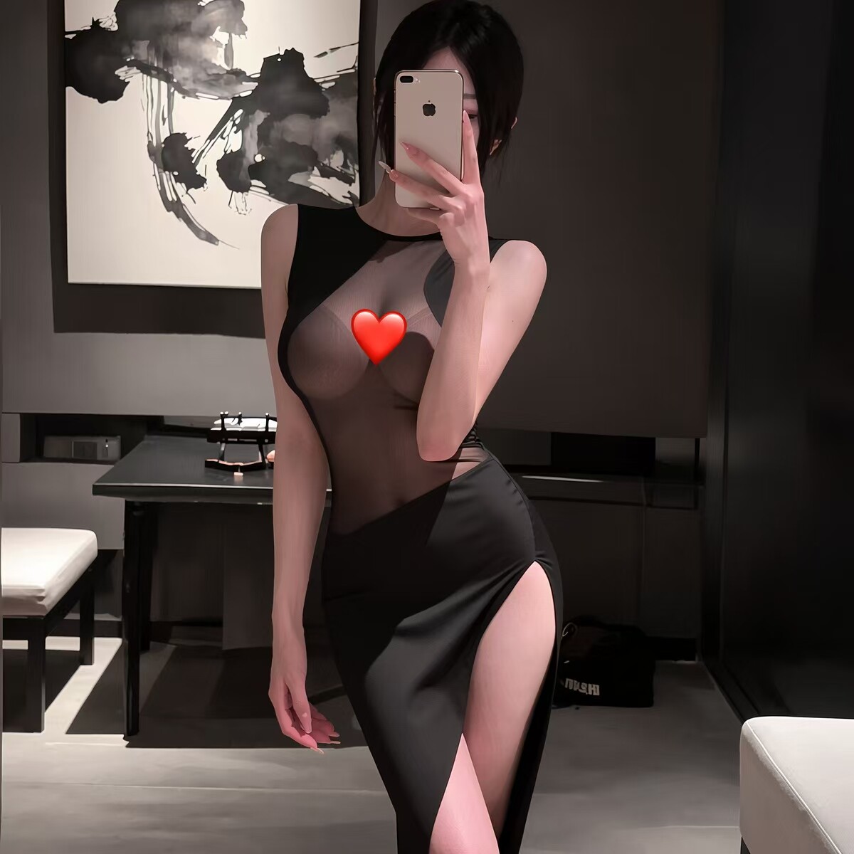 蜜语纯欲透视长裙网纱拼接足浴工睡裙