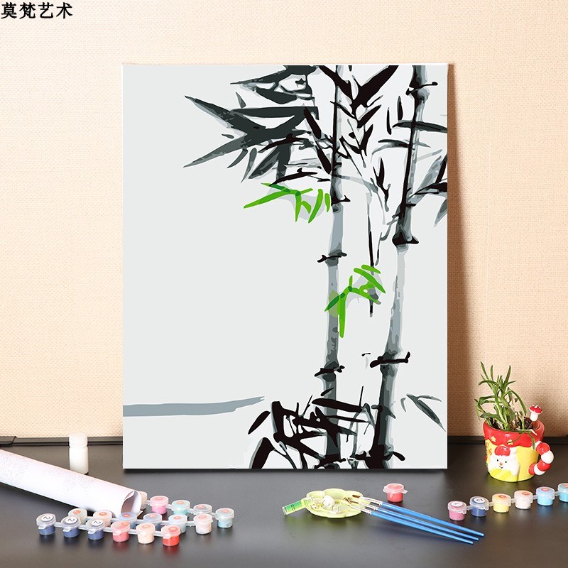 数字油画diy手工填充中式简约水墨画竹子涂色客厅装饰丙烯油彩画图片