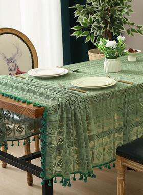 田园T/C混纺镂空钩花餐桌布米色茶几布流苏桌布床头柜边柜电视柜