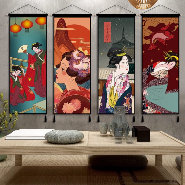 日式和风布艺挂画客厅墙卧室榻榻米艺伎挂毯居酒屋装饰挂布背景布图片