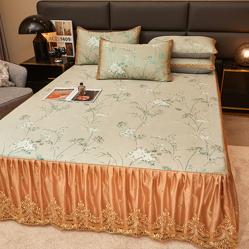 冰丝凉席三件套床裙式冰丝席子可以机洗欧式色织大提花空调软凉席