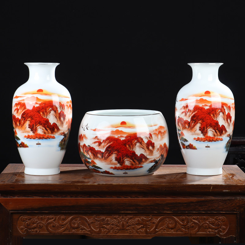 高白泥薄胎花瓶聚宝盆陶瓷三件套博古架摆件酒柜装饰品客厅办公室