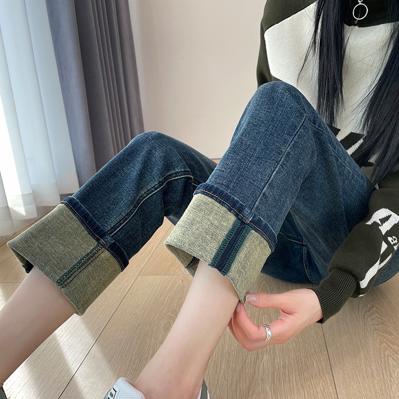 卷边加绒烟管牛仔裤女p2024新款春秋高腰直筒宽松八分小个子法棍