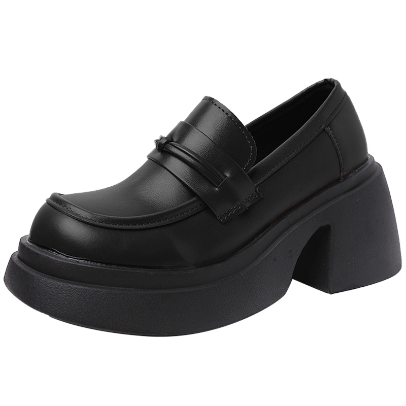 复古英伦风黑g色厚底乐福鞋女2023夏季新款百搭一脚蹬松糕jk小皮