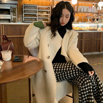 任小艺Lit e mode双面羊绒大衣女2021新款高端中长W款格子毛呢外