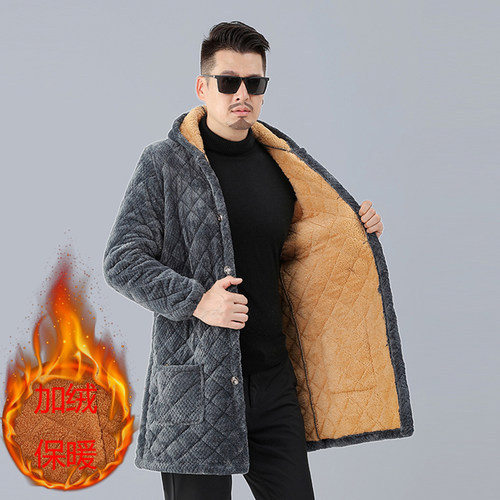 新款法兰绒男款棉衣加绒加厚工作服大褂宽松大尺码罩X衣冬季长版