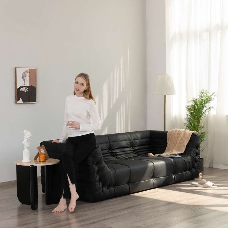 意式togo毛毛虫三人黑色复古懒人落地防水耐猫抓双人皮沙发