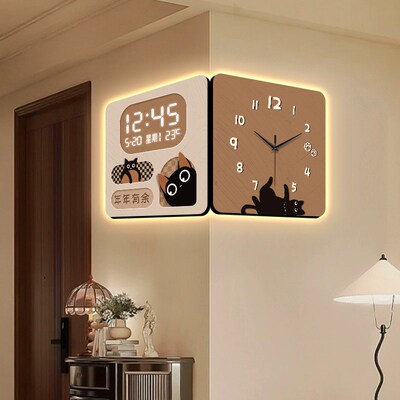 双面转角钟表挂钟客厅2025新款中古风猫咪楼梯拐角装饰画艺术时钟