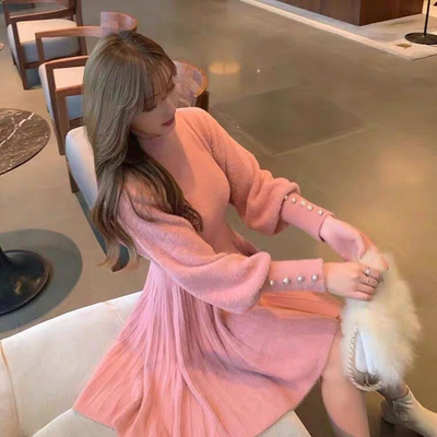 韩国甜美风仿貂针织毛衣裙子女秋冬小个子洋气内搭外穿打底连衣裙