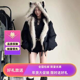 鹿皮绒派克服短款羽绒棉服仿兔毛大毛领连帽棉衣外套美式有货