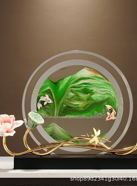 荷塘夜色流沙画摆件高档新中式禅意客厅酒柜电视柜博古架装饰摆设