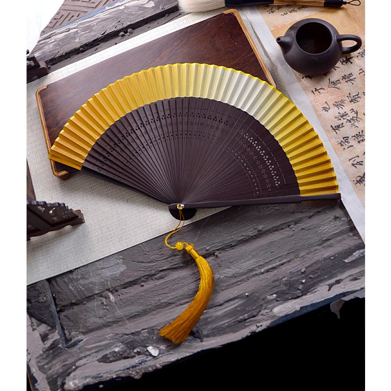 晨袍折扇子中国风真丝女扇小古风便携渐变空白扇金色绿夏婚礼道具