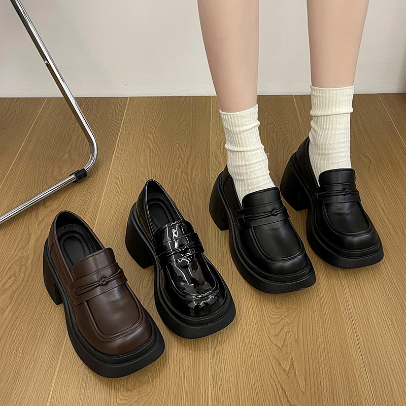 复古英伦风黑色厚底乐福鞋女2023夏季新款百O搭一脚蹬松糕jk小皮