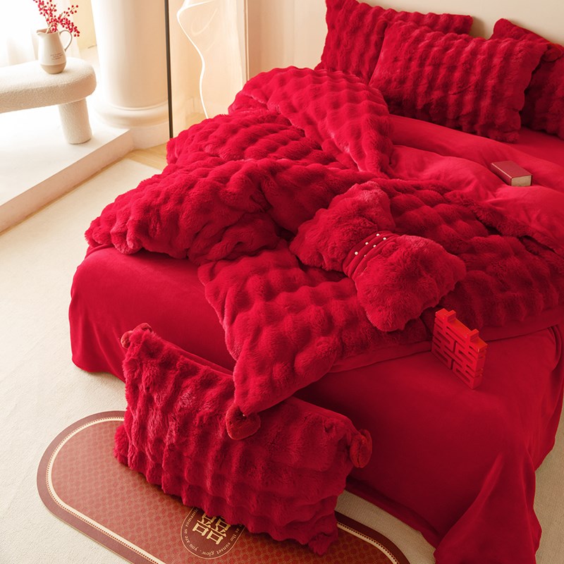 大红色高端牛奶绒四件套兔兔绒加绒加厚被套床单结婚X陪嫁床上用