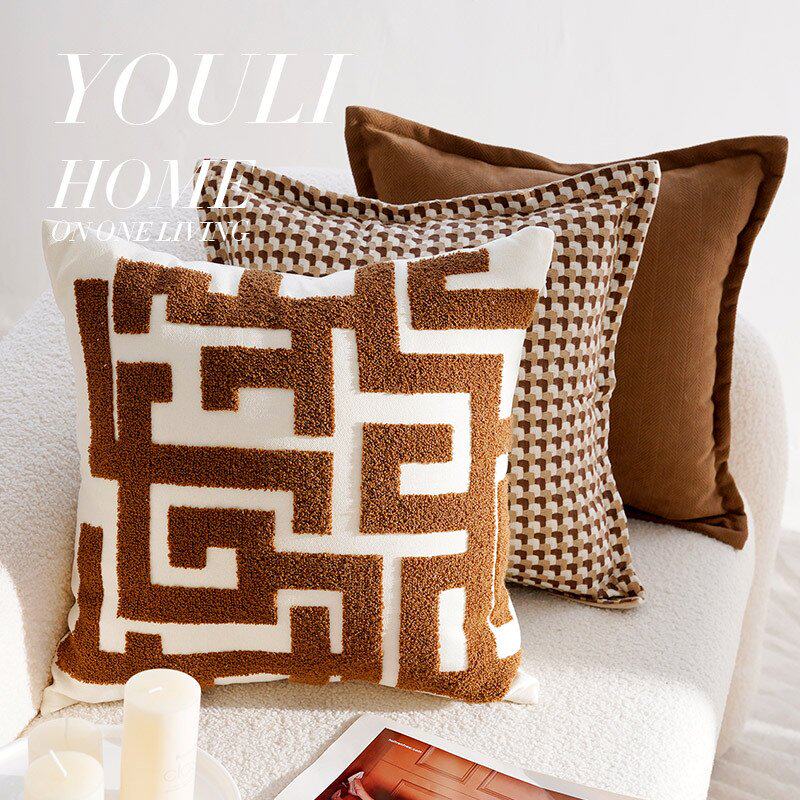 奶油色抱枕套高级复古风棕色法式打结沙发床上腰靠枕靠垫含芯代发