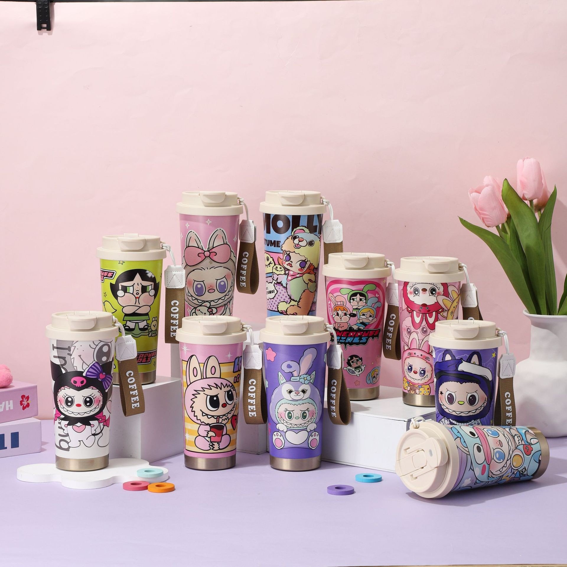 外贸日用品爆款labubu保温杯304不锈钢双饮咖啡杯带吸管提手