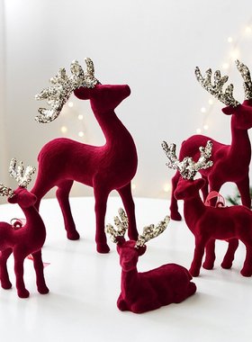 NUCHI圣诞节装饰麋鹿桌面摆件圣诞树装饰挂饰闪粉酒红植绒鹿挂件