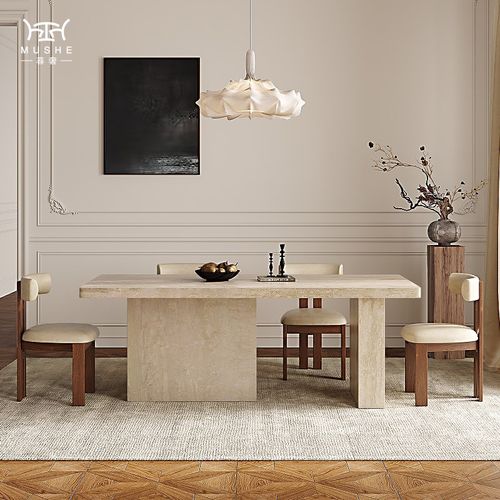 暮奢法式复古洞石岩板餐桌下挂长方形设计师洞石餐桌餐椅组合