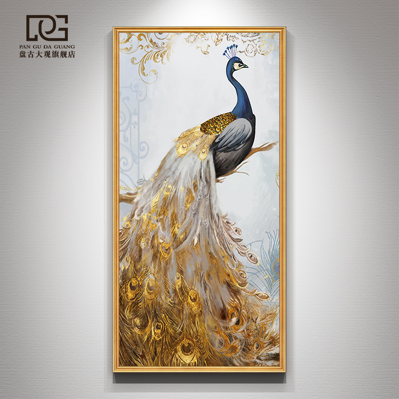 纯手绘油画金羽孔雀玄关入户现代装饰画客厅别墅壁画过道楼梯挂画图片