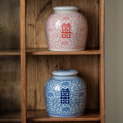 复古陶瓷青花罐子喜字婚礼摆件防潮存储罐古典喜庆花瓶博古架装饰