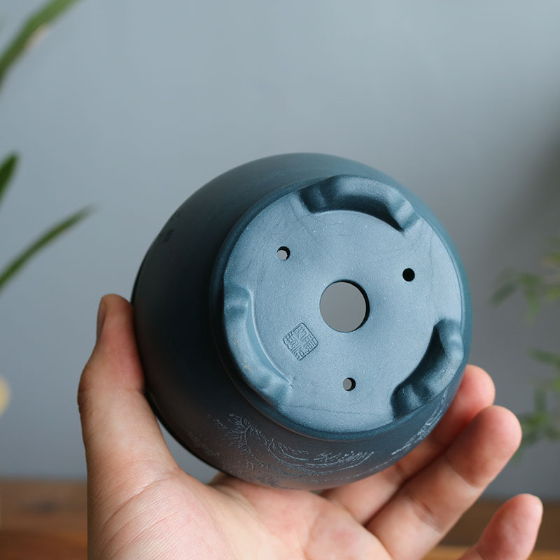 紫砂花盆精品小圆盆全手工刻绘山水多肉仙人球姬月季微型盆景花盆