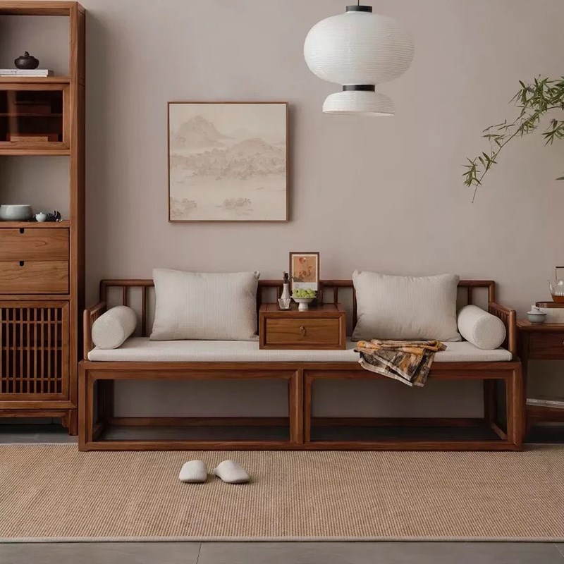 新中式黑胡桃木推拉罗汉床客厅小户型沙发床两Q用现代简约实木伸