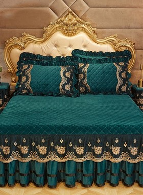 冬季加厚床裙三件套绿色欧式蕾丝床单套天鹅绒单人1.2米床罩+枕套