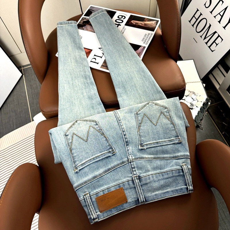 时尚高腰浅蓝色牛仔裤女春秋2025新款小个子修身显瘦九分小脚裤潮