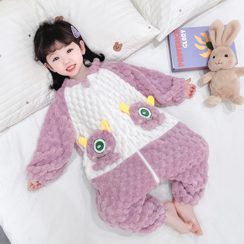 儿童连身睡衣珊瑚绒女宝宝冬季加绒加厚法兰绒爬服卡通Z婴幼儿睡