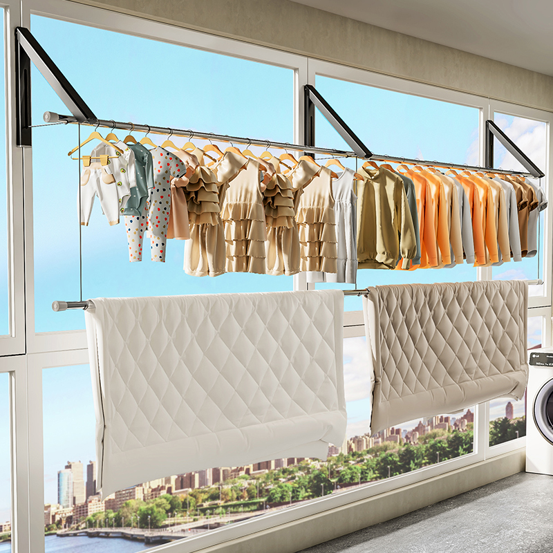 隐形晾衣架折叠壁挂式杆免打孔室内晾晒绳窗户阳台伸缩Z飘窗晾衣