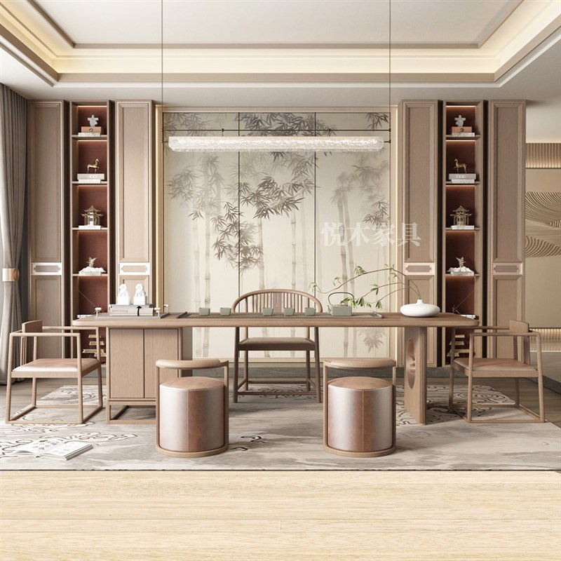 新中式实木茶桌禅意干泡茶台茶室茶实木桌L椅组合家用喝茶桌白蜡