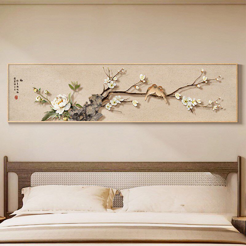 中式床头画卧室房间装饰画花鸟图喜上眉梢寓意好茶楼墙壁横幅挂画