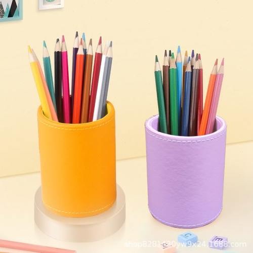 顺艺工艺多功能笔筒皮革桌面收纳摆件大容量时尚圆形笔桶儿童