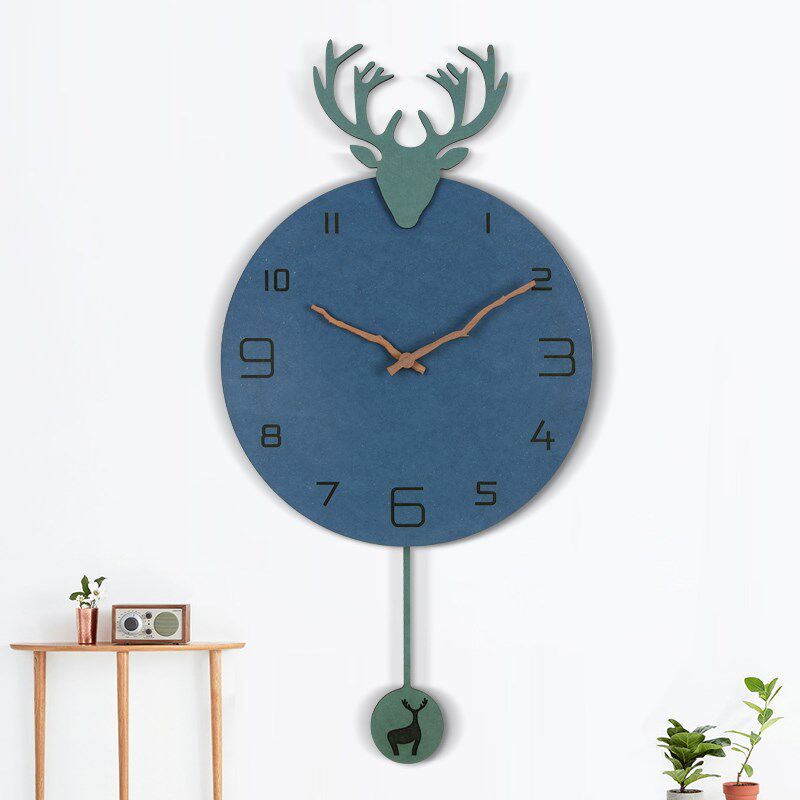 新款田园韩版静音挂钟卧室客厅装饰家用创意钟表大号鹿首摇摆时钟