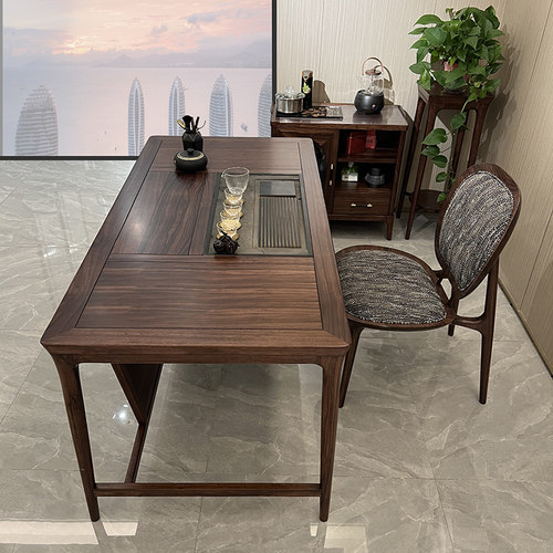 乌金木 实木茶桌茶台1.6米新中式简约黑胡桃色办公室休闲桌接待桌