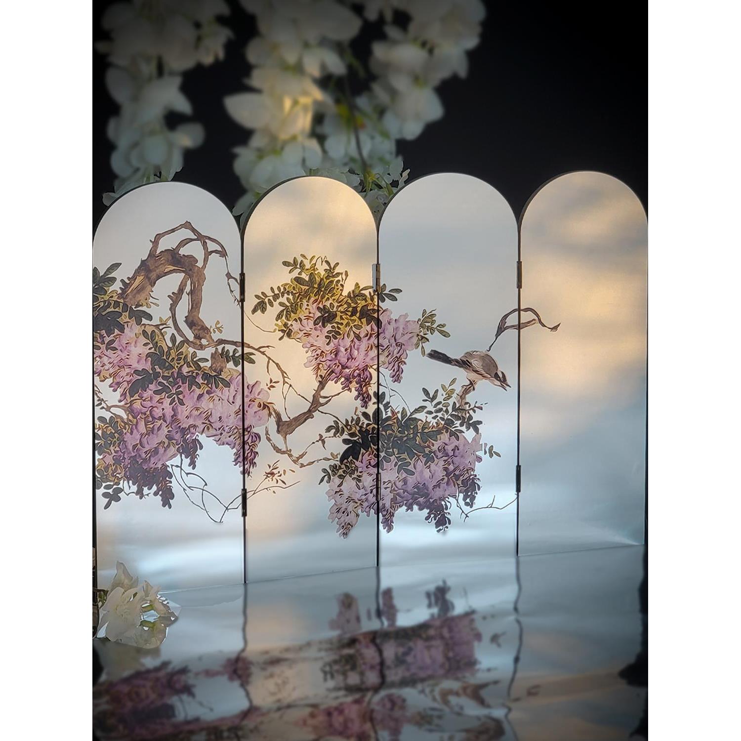 Funlife原装法式中式手工银屏花鸟桌面小屏幕装饰