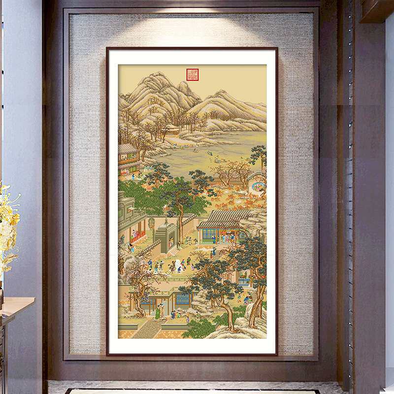 春天雍正十二月十字绣竖版风景古娟绣布故宫传世名画客厅书房自绣