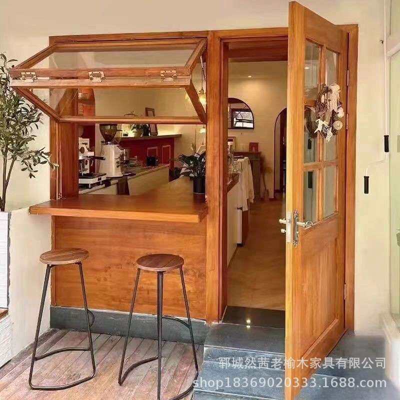 复古老榆木大门街边咖啡厅做旧原木门可折叠窗户奶茶店民宿门套窗