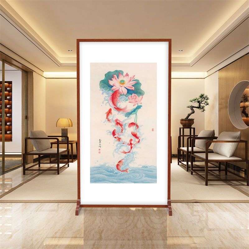 富贵九鱼图进门入户玄关隔断客厅小户型遮挡座屏中式酒店屏风牡丹