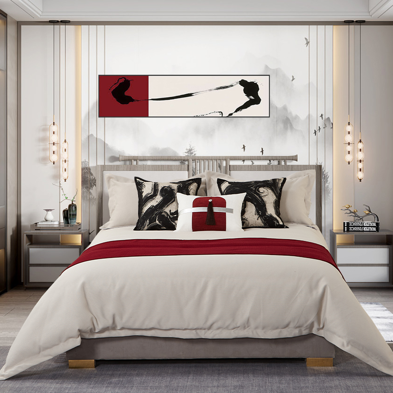 新中式新古典轻奢样板房床 品展厅样板间软装N红色系 水墨床上用