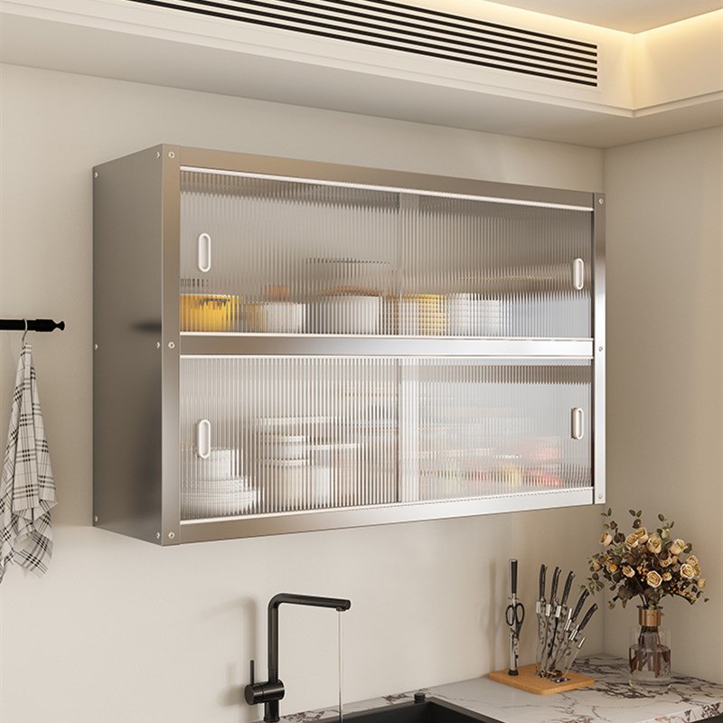 厨房置物架不锈钢壁挂式挂墙上C柜上悬空吊墙壁储物推拉门柜子