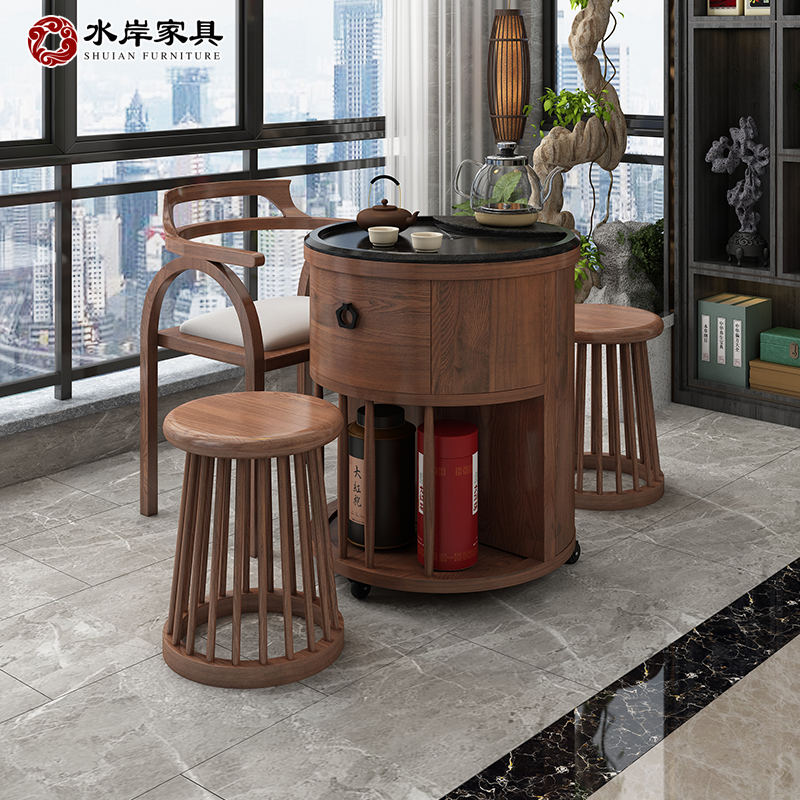 移动茶桌家用乌金k石阳台小茶台现代简约茶桌椅组合小户型实木茶