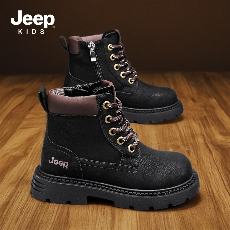 jeep男童马丁靴秋季2025新款黑色儿童真皮短靴户外防水街舞机车靴